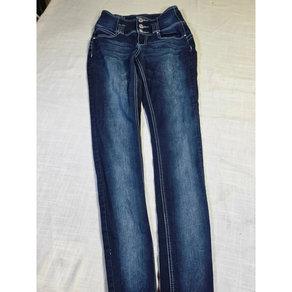 Almost Famous Womens High Waisted Triple Button Skinny Jeans Dark Wash Size 5
